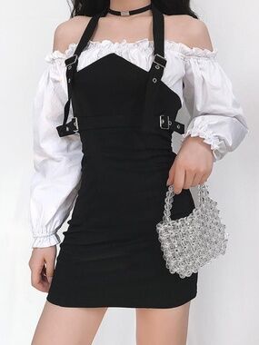 Black & White Off Shoulder Ruffle Mini Dress | Harness Strap Gothic Y2K Dress